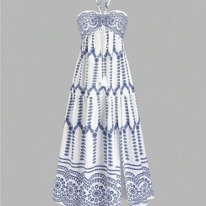 SHEIN Blue and White Strapless Dress